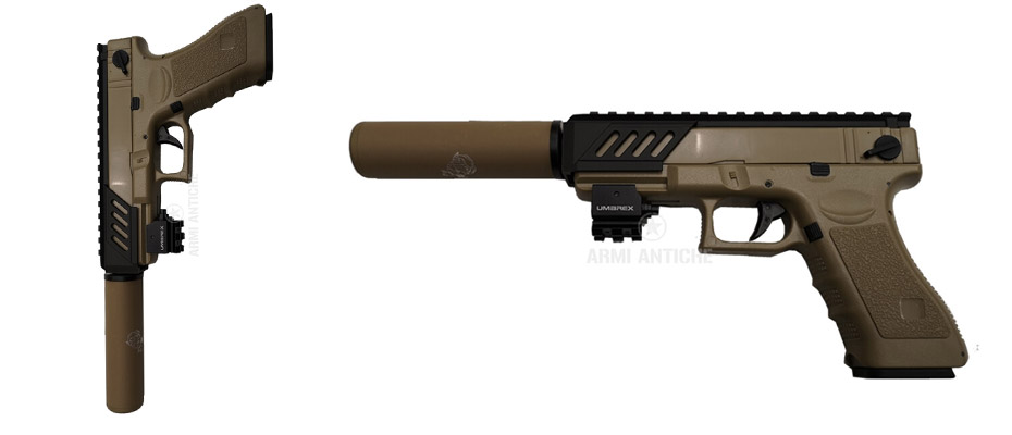 Pistola Softair Glock Tan Elettrica Gear Box in metallo Assalt Version con slitta + Silenziatore + Laser